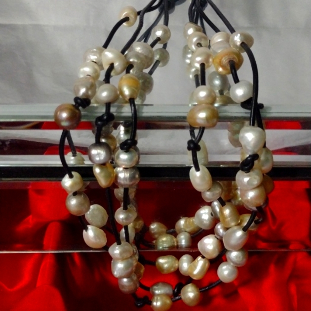 Baroque Gold Silver White Smoky Silver Pearls Adjustable Leather Cord 9-10mm